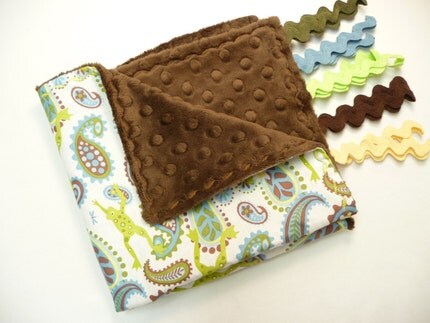 READY TO SHIP...Taggie...woobie...tag a long....lovey..cotton paisley frog with brown minky backing
