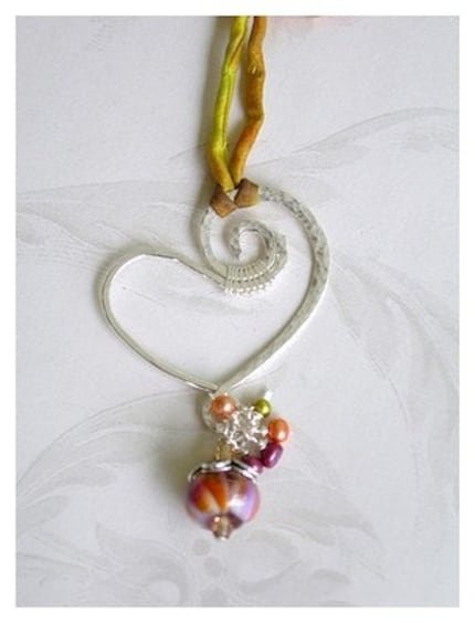 Fine Silver Heart Necklace with Silk Ribbon Cording