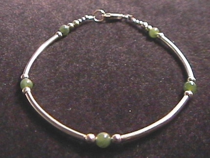 Jade and Sterling Silver Tube Style Bracelet 7.5 Inch Length