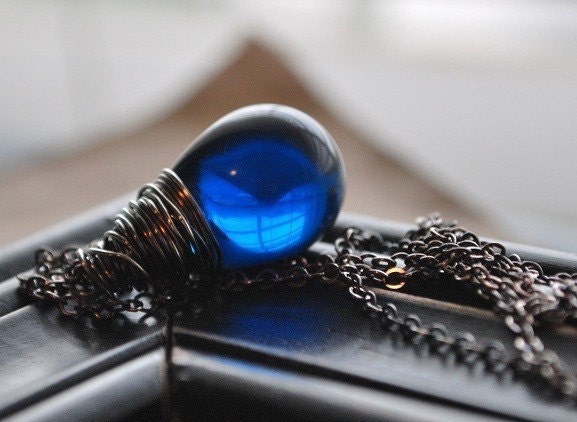 LAST ONE Capri Blue Glass Teardrop Wire Wrapped in Dark Oxidized Sterling Silver Wire and Chain - Sundown Necklace
