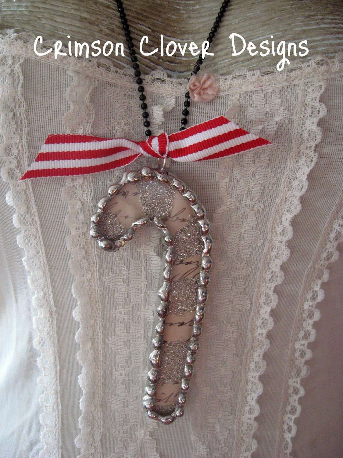 Soldered Glass and Glitter Vintage Paper Candy Cane Necklace