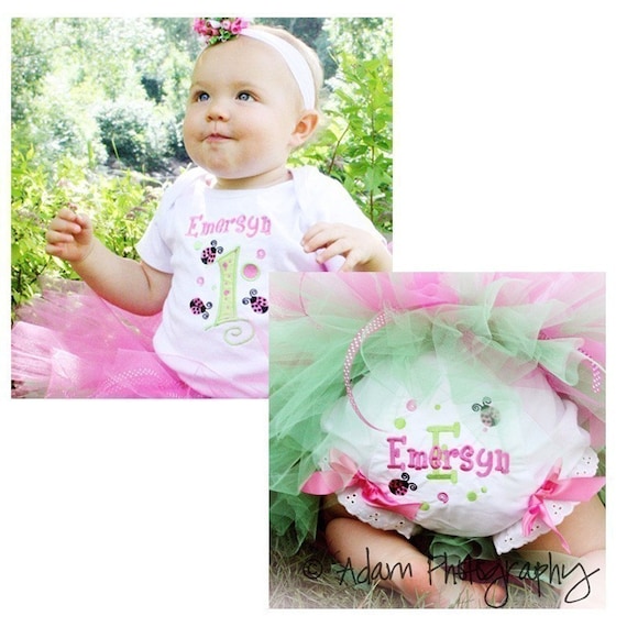 Pink and Lime First Birthday Ladybug Shirt or Onesie and matching bloomers