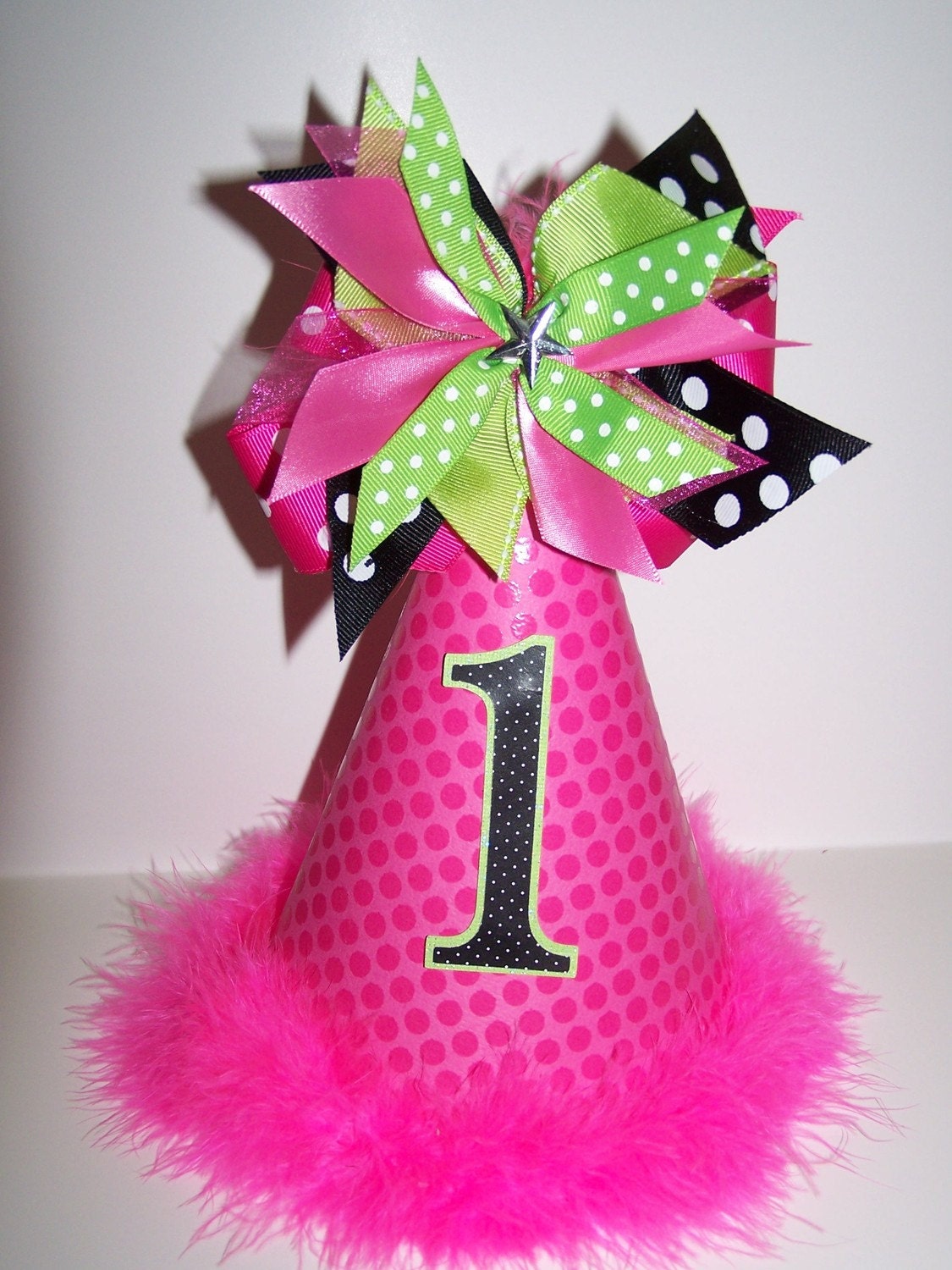 Personalized Boutique Hot Pink, Black and Lime Green Birthday Party Hat