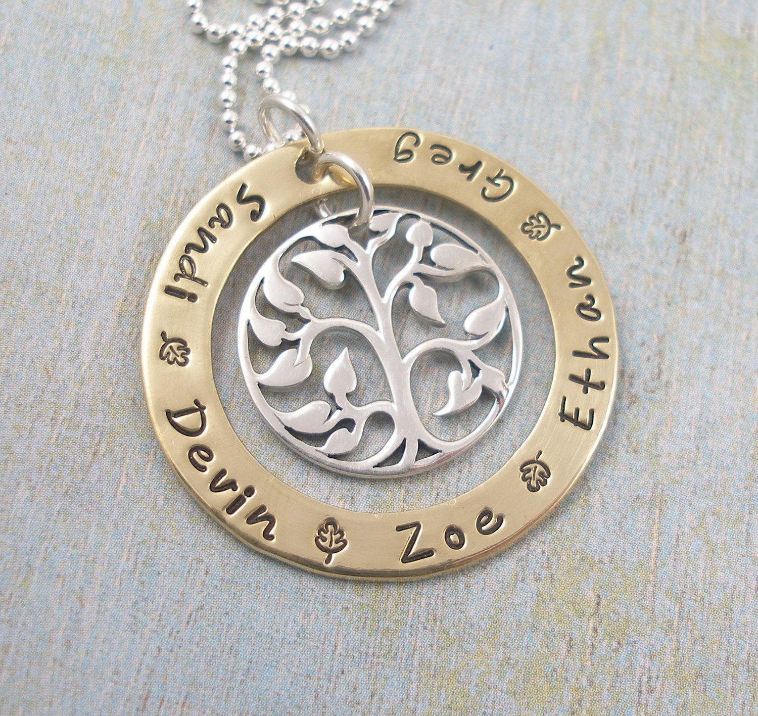 Golden Leaves...... Hand Stamped Brass Washer Necklace with Sterling Silver FamilyTree Charm