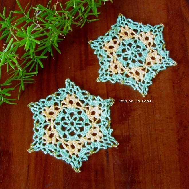 Beaded Yellow Flower Coasters, Lace, Small Yellow Flowers in Green, Trinket Doily, Fiber Art,  Home Decor or Applique