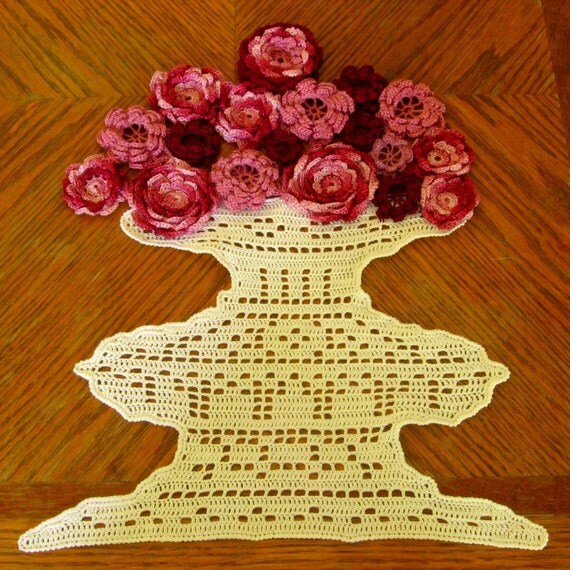 Vase of Red Roses - Fiber Art 3D Roses in Garnet Reds and Mauve Pinks, Thread Crochet
