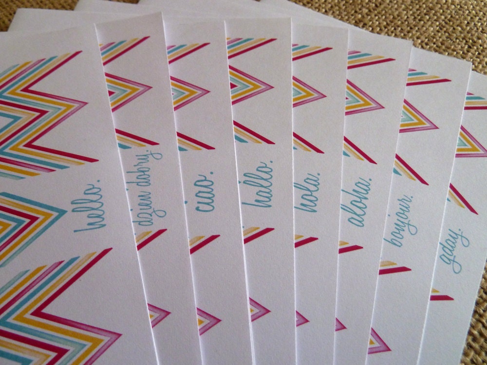 Note Cards: Chevron Colorful Hello in 8 Languages with Kraft Envelopes, Missoni Chevron Inspired Notecards- Valentine's Gift