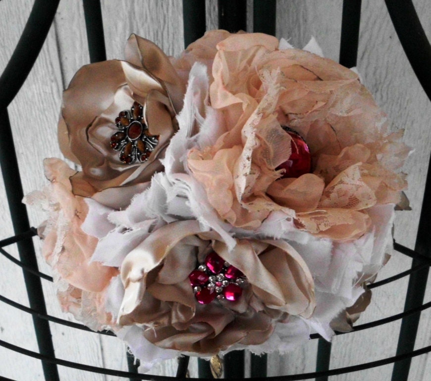 Custom Fabric Flower Wedding Bouquet, bouquet brooch, Chiffon Lace Satin Ruffle Roses, Country, Vintage, Rustic,  Bridal, weddings
