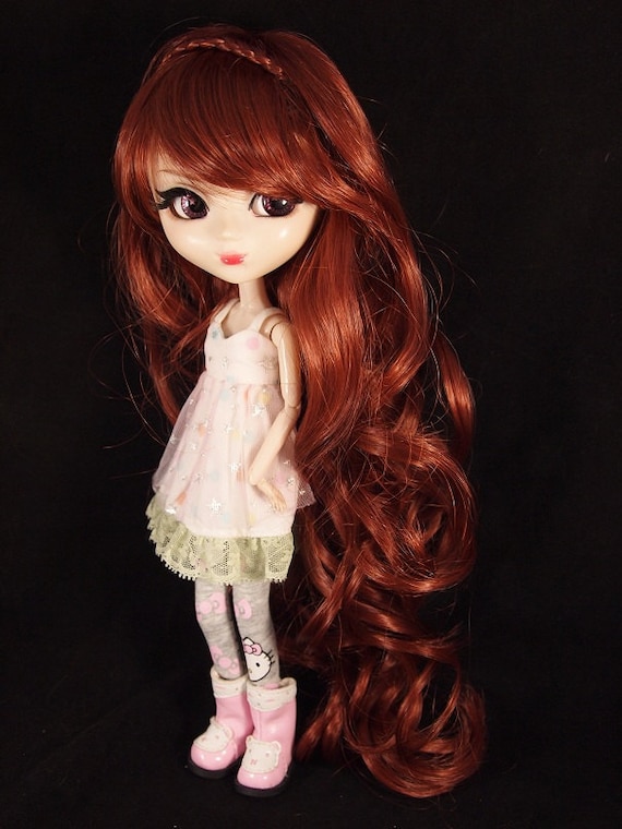 Medium Aubrun Color Long Curly Hair Wig with Braides and Bangs for Pullip Dolls
