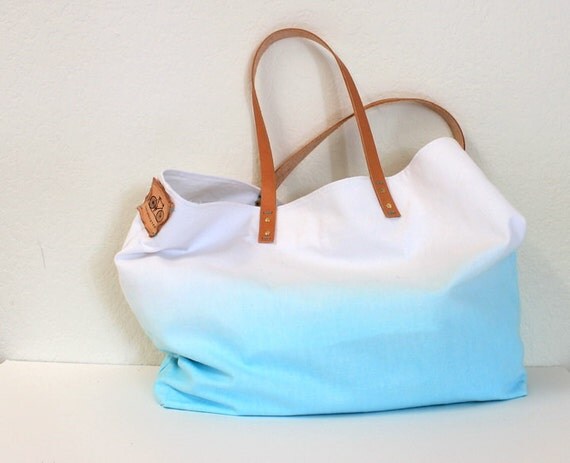 TOTE BAG...Aquamarine (with leather strap)....large size (featured on Etsy front page)