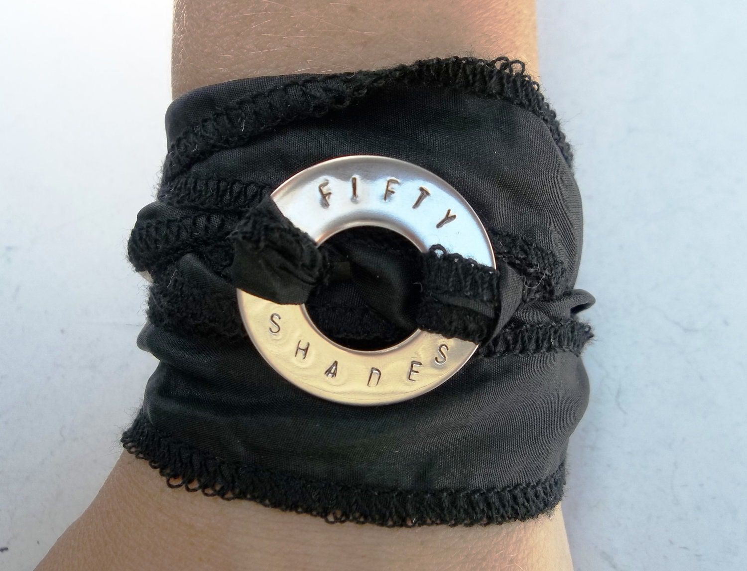 Fifty Shades Bondage Bracelet Silk Wrap-Around Hand Stamped Inspired by the Book