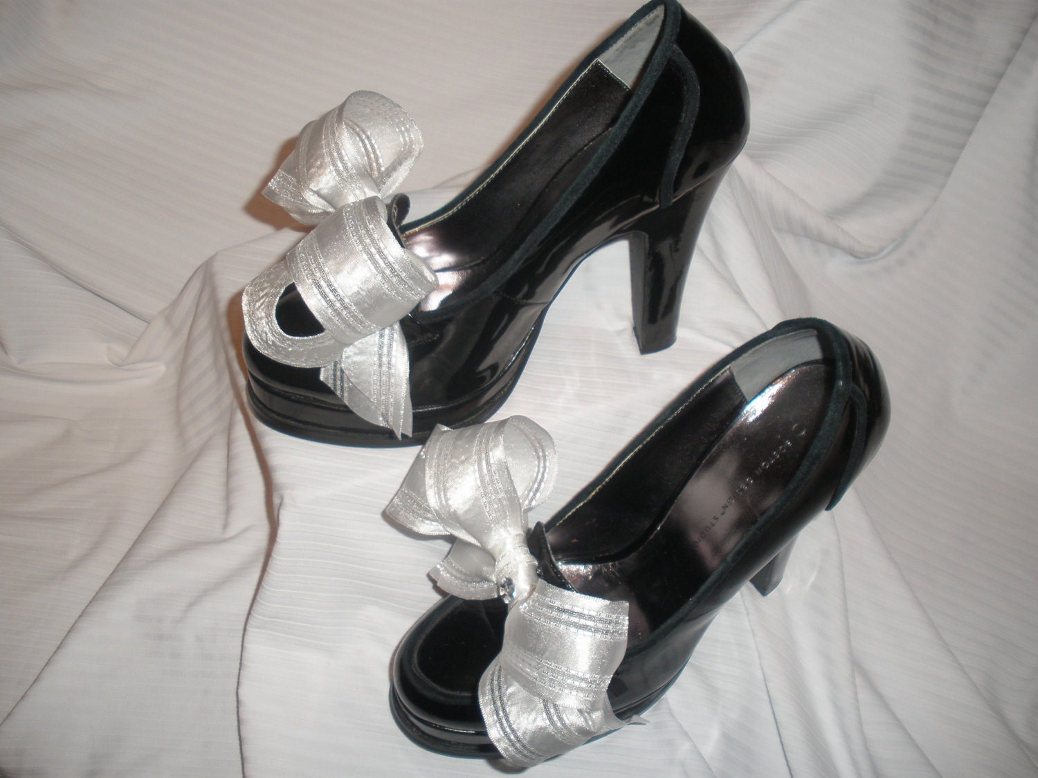 Gorgeous White Shoe Bows Stick On's w/ Beautiful Rhinestone Shoe Accessories for High Heels, Flat, Bridal Party, Women Shoes, Not Shoe Clips