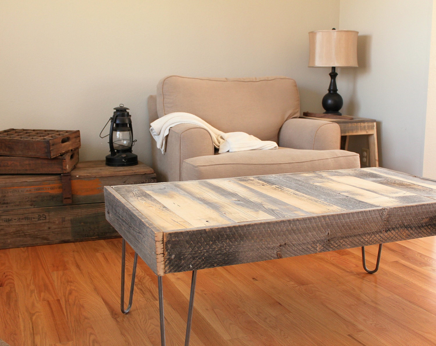 Reclaimed Wood Coffee Table - Set on 15" steel hairpin legs (Buyer only pays actual shipping cost, approximate cost listed below)
