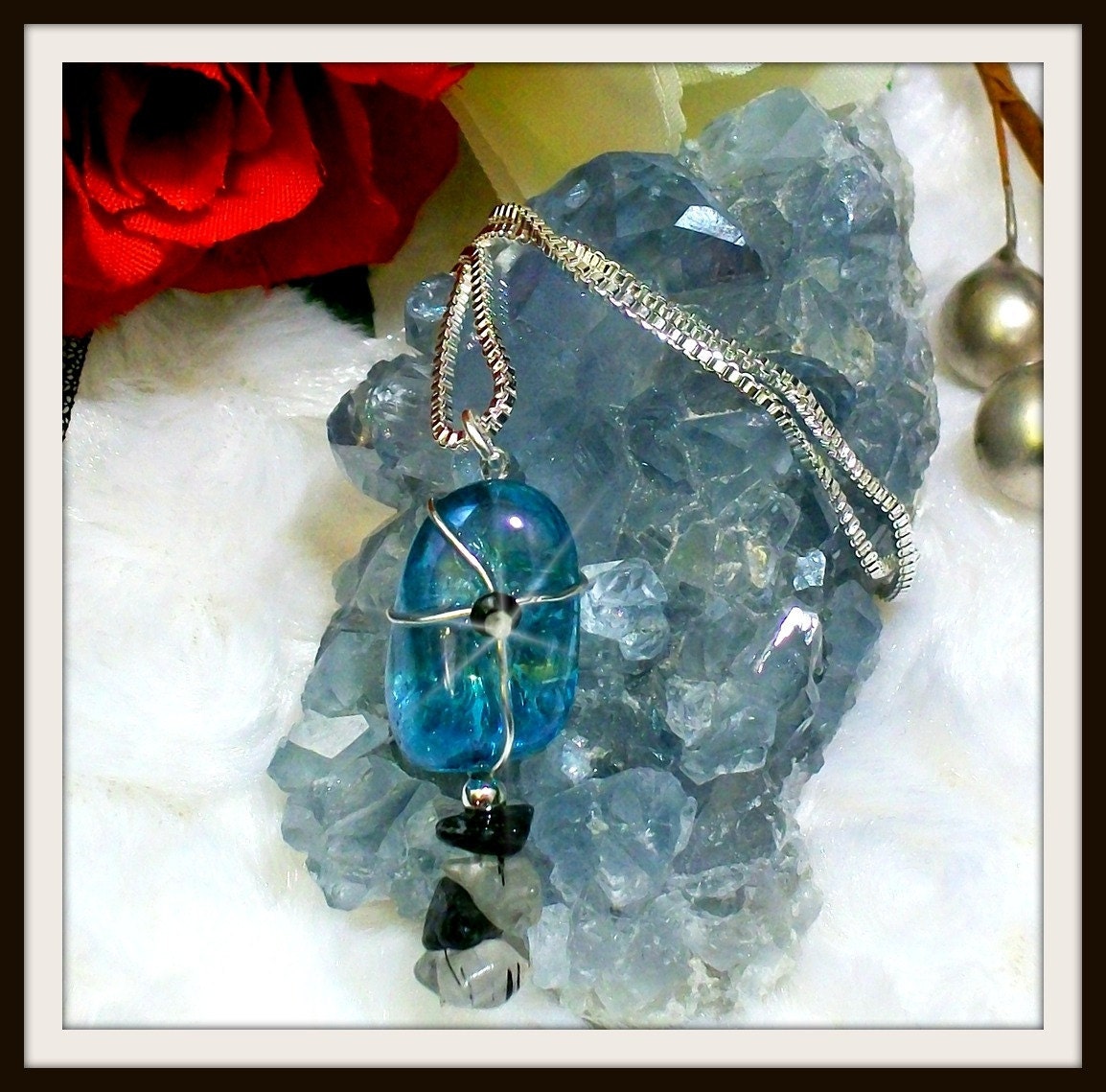 Aqua Aura, Rutile Quartz, and Diamond Sterling Silver Wire Wrapped Necklace