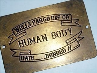 sale reduced 2 dollars HUMAN BODY TAG MORBID GOTH HALLOWEEN STEAMPUNK SUPPLIES BODY TAG WELLS FARGO EXP CO vintage brass CHARMS ZNE metal art findings assemblage jewelry art doll