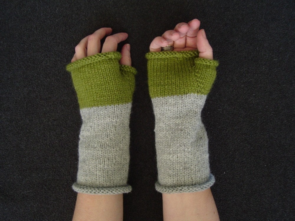 Grey and Spring Green Wool Blend Wrist Warmers